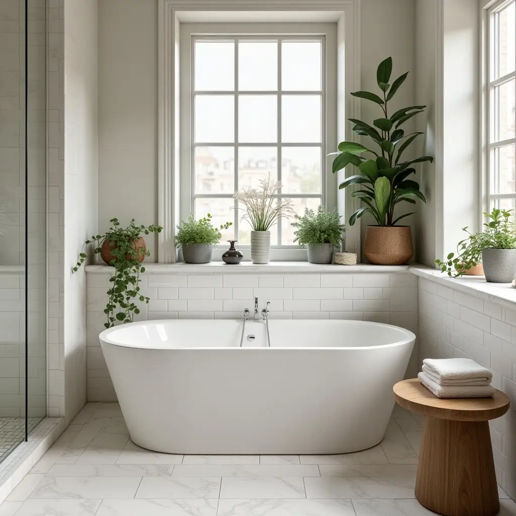 a photo of a chic bathroom with a plant-filled corner nook