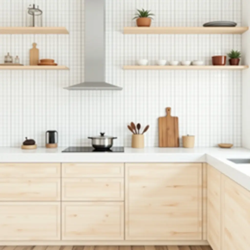a photo of a Scandinavian-inspired kitchen with light wood and white finishes