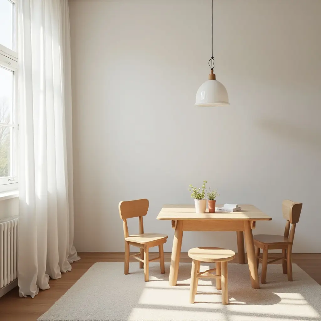 a photo of a stylish kids' bedroom with a wooden play table