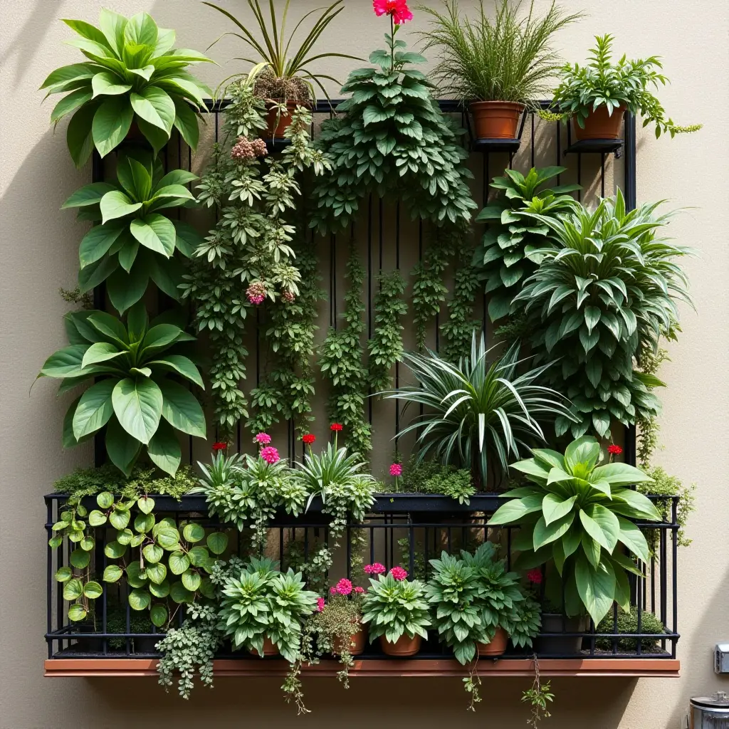 a photo of a balcony wall decorated with artistic plant arrangements