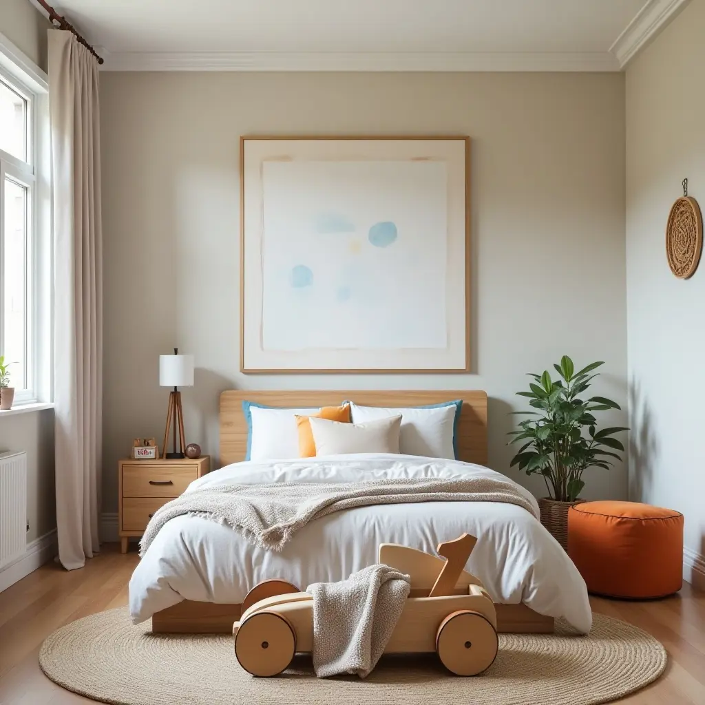 a photo of a fun kids' bedroom with wooden race car decor