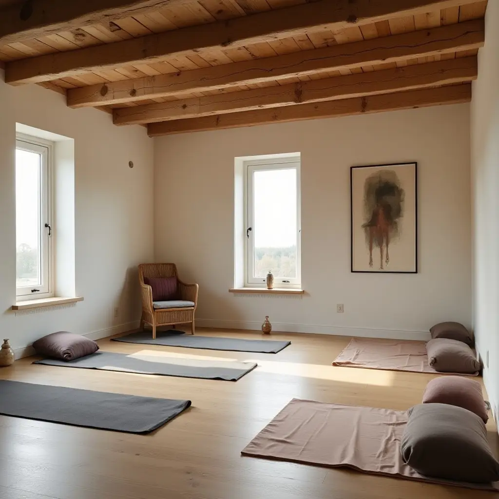 a photo of a basement yoga studio with mats and serene decor
