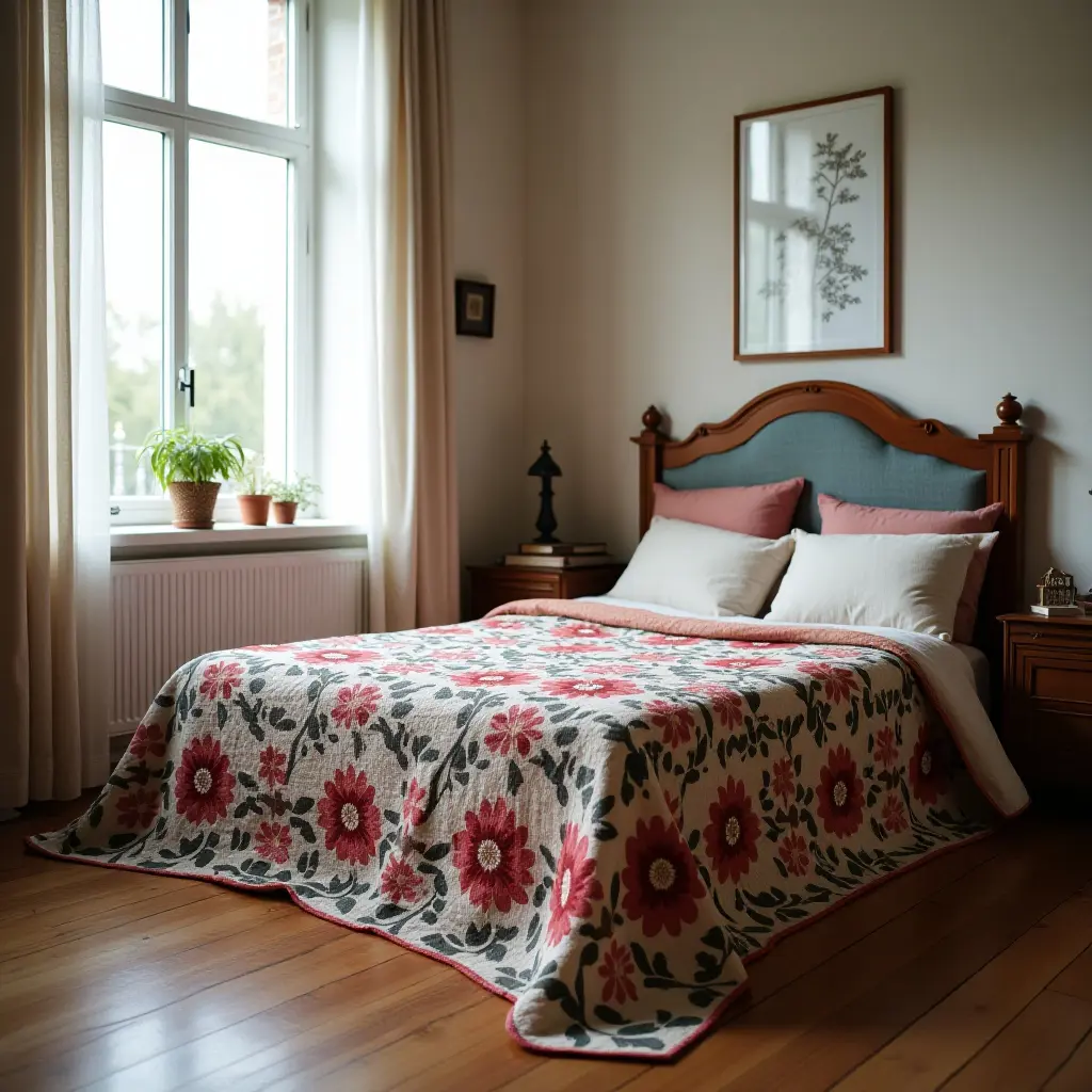 a photo of a vintage quilt covering a teenager's bed