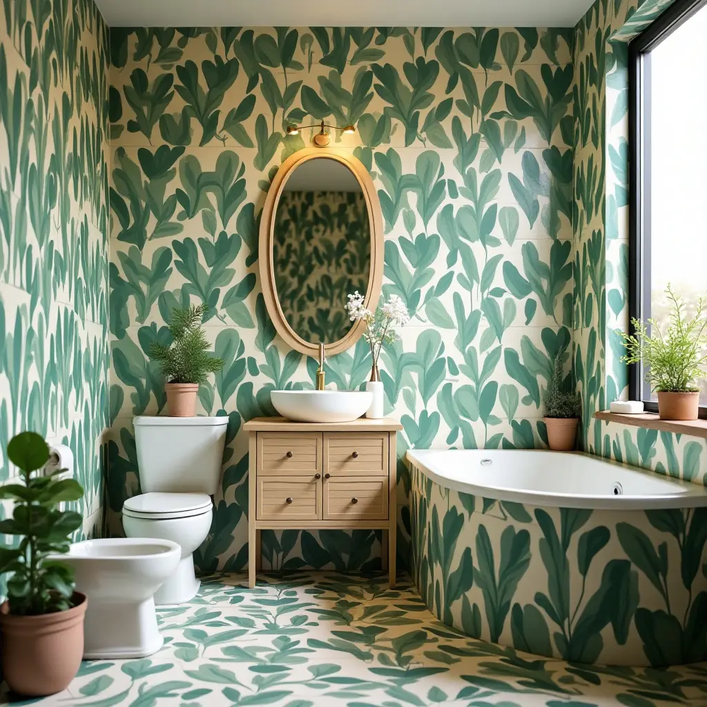 a photo of a vibrant bathroom with a plant-themed mosaic tile