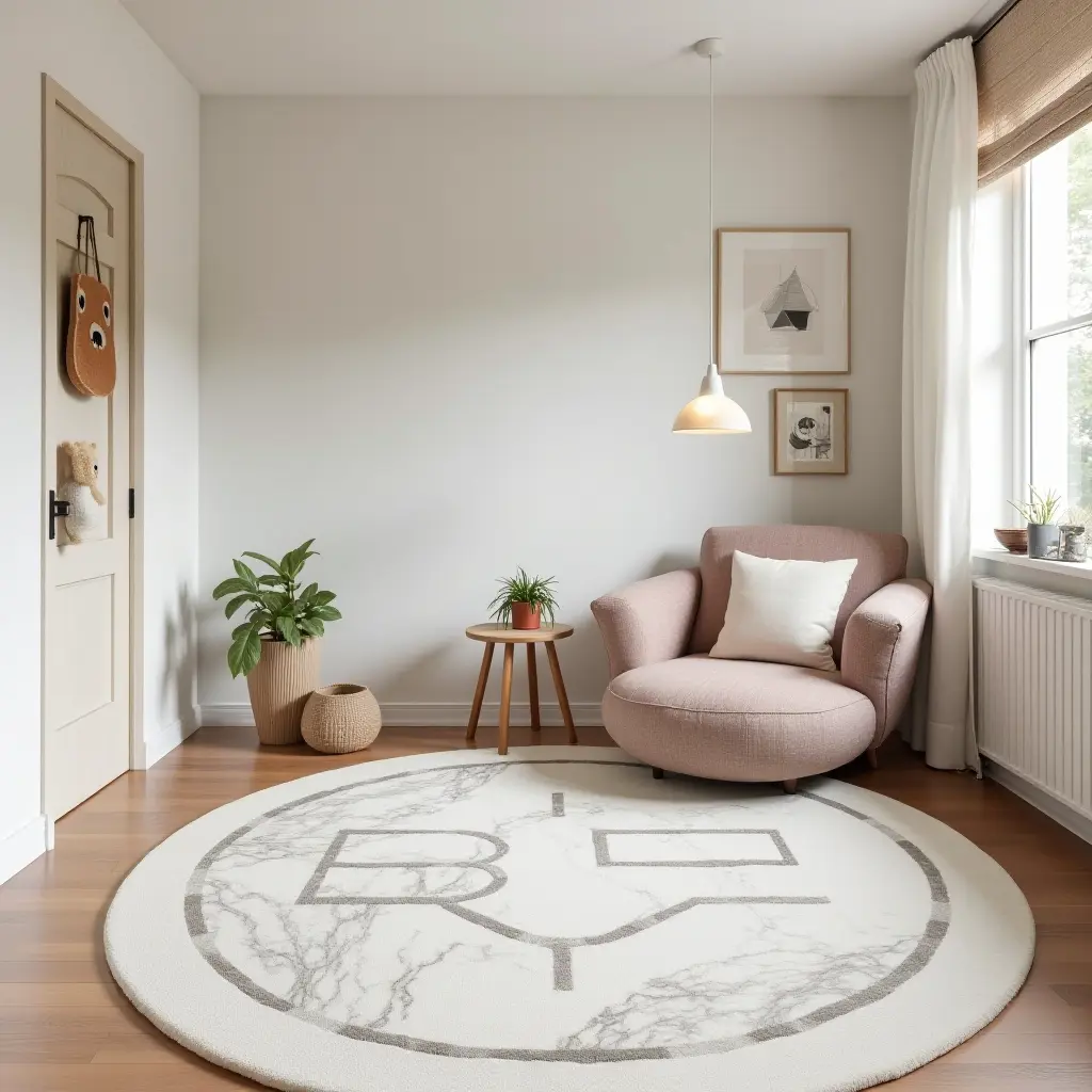 a photo of a modern kids' room featuring marble-patterned rugs and playful decor