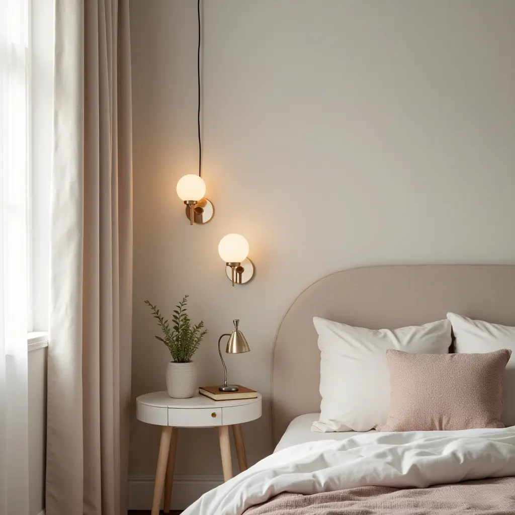 a photo of a cozy kids' room with metallic wall sconces