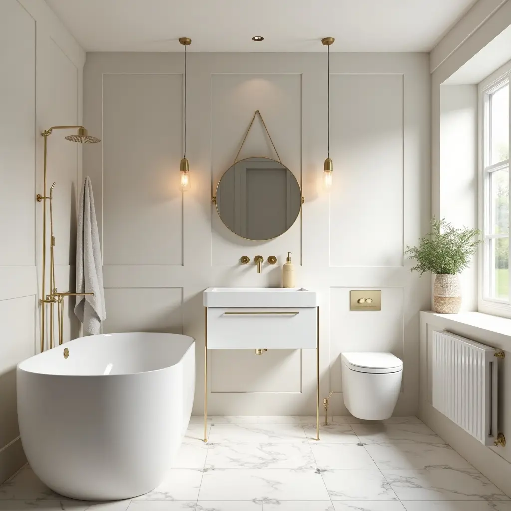 a photo of a glamorous Scandinavian bathroom featuring gold accents and a light palette