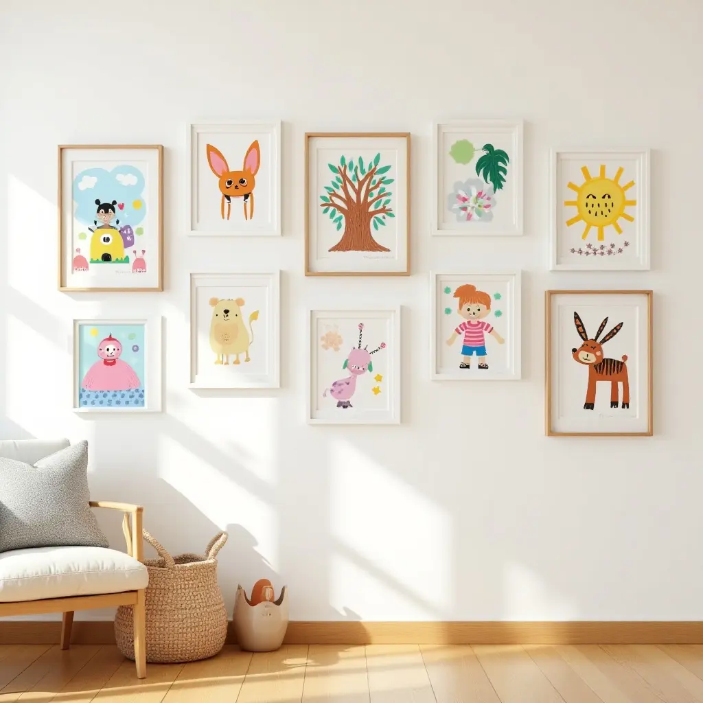 a photo of a playful gallery wall with children's artwork and bright colors