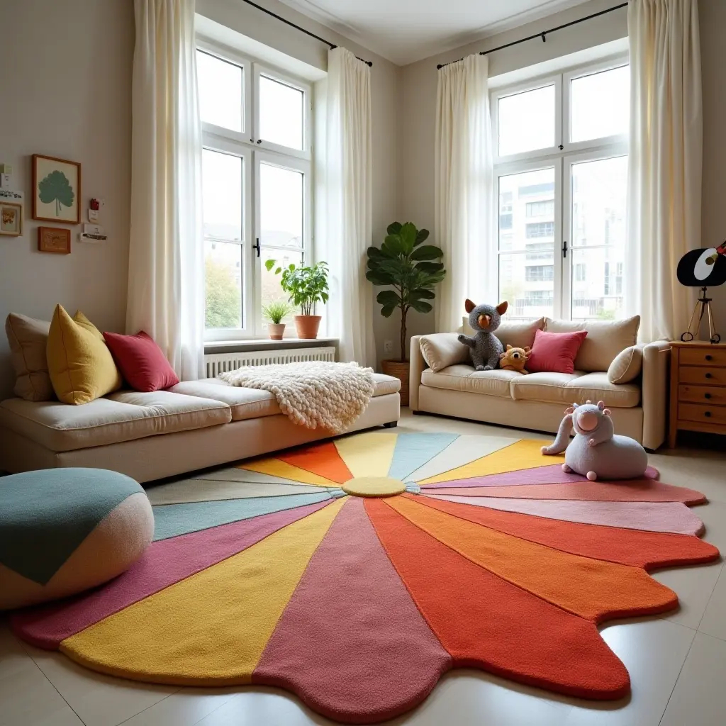 a photo of a colorful animal-shaped rug in a kids' bedroom