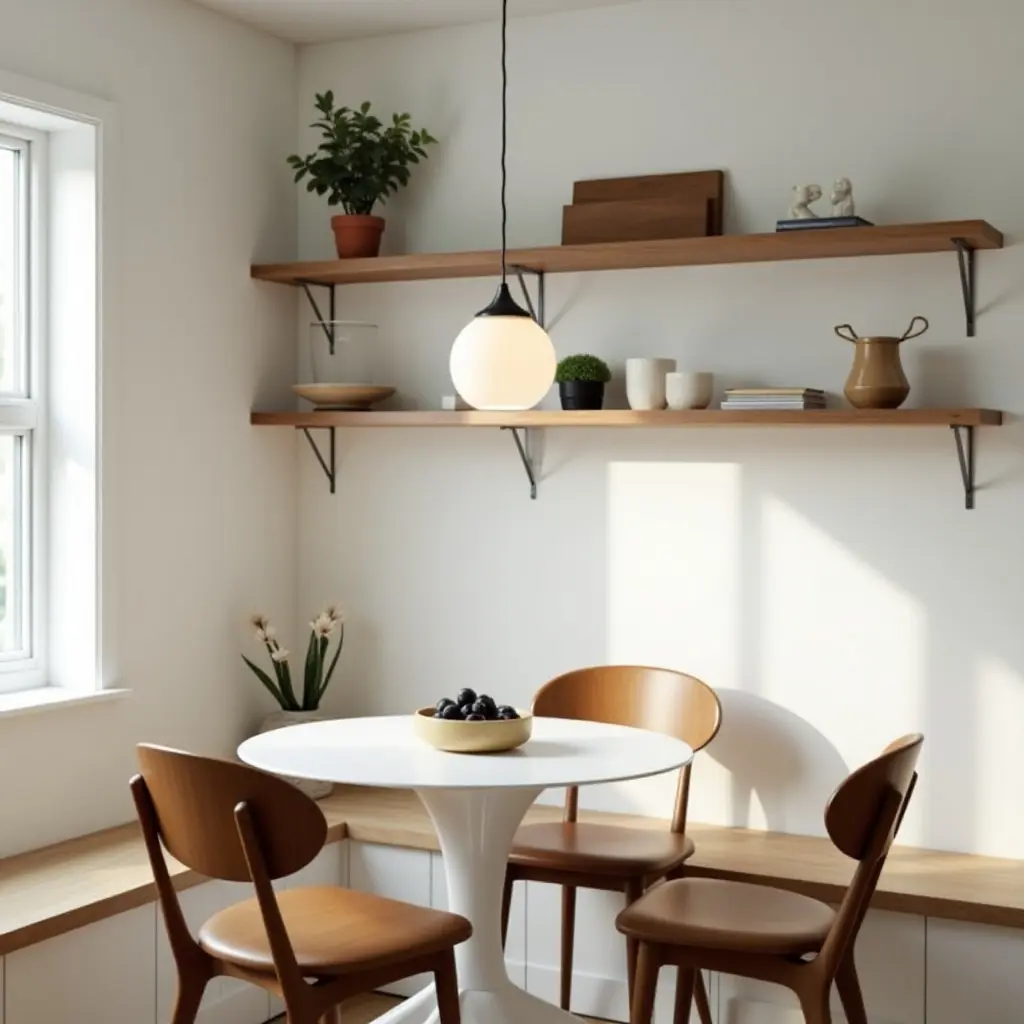 a photo of a breakfast nook with a hanging pendant light and wooden shelves
