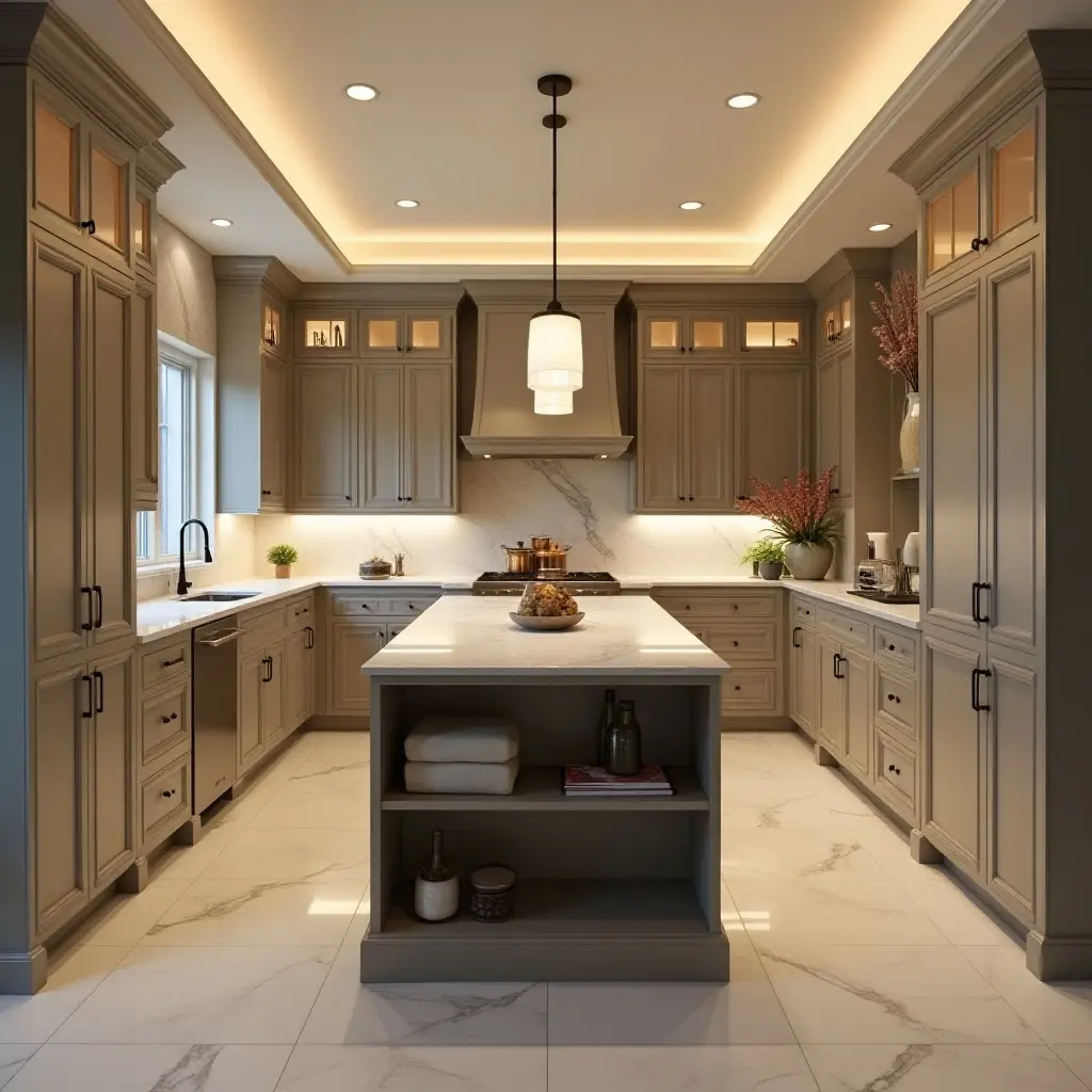 a photo of a spacious butler's pantry with a central island and elegant lighting