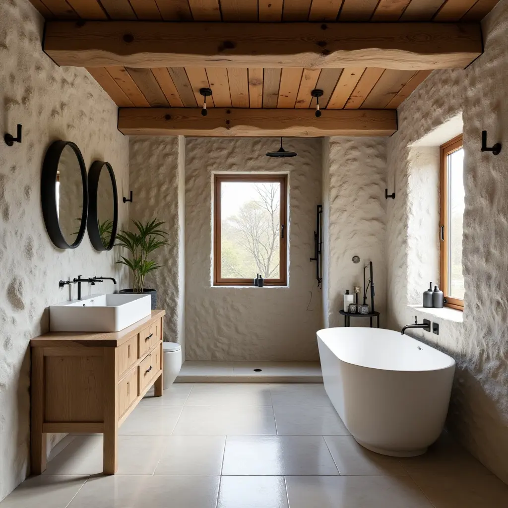 a photo of a rustic Scandinavian bathroom with stone walls and wooden beams