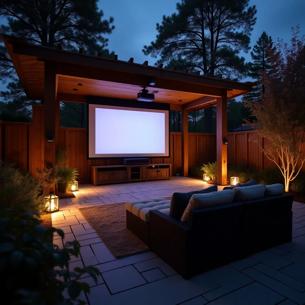 a photo of a detached covered patio with a movie screen and projector setup