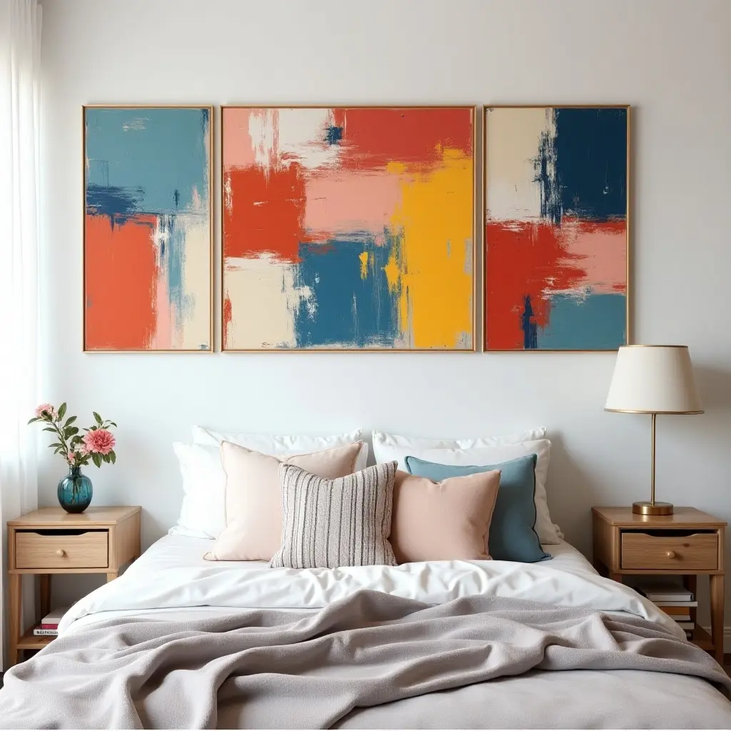 a photo of a colorful abstract gallery wall with bold brush strokes and splashes of color in a teen's room