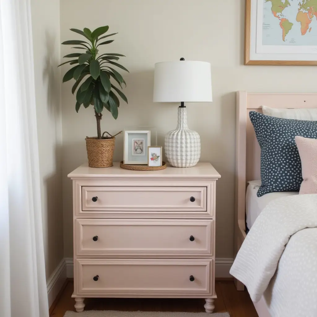 a photo of a personalized bedside table with DIY decor items in a teen's bedroom