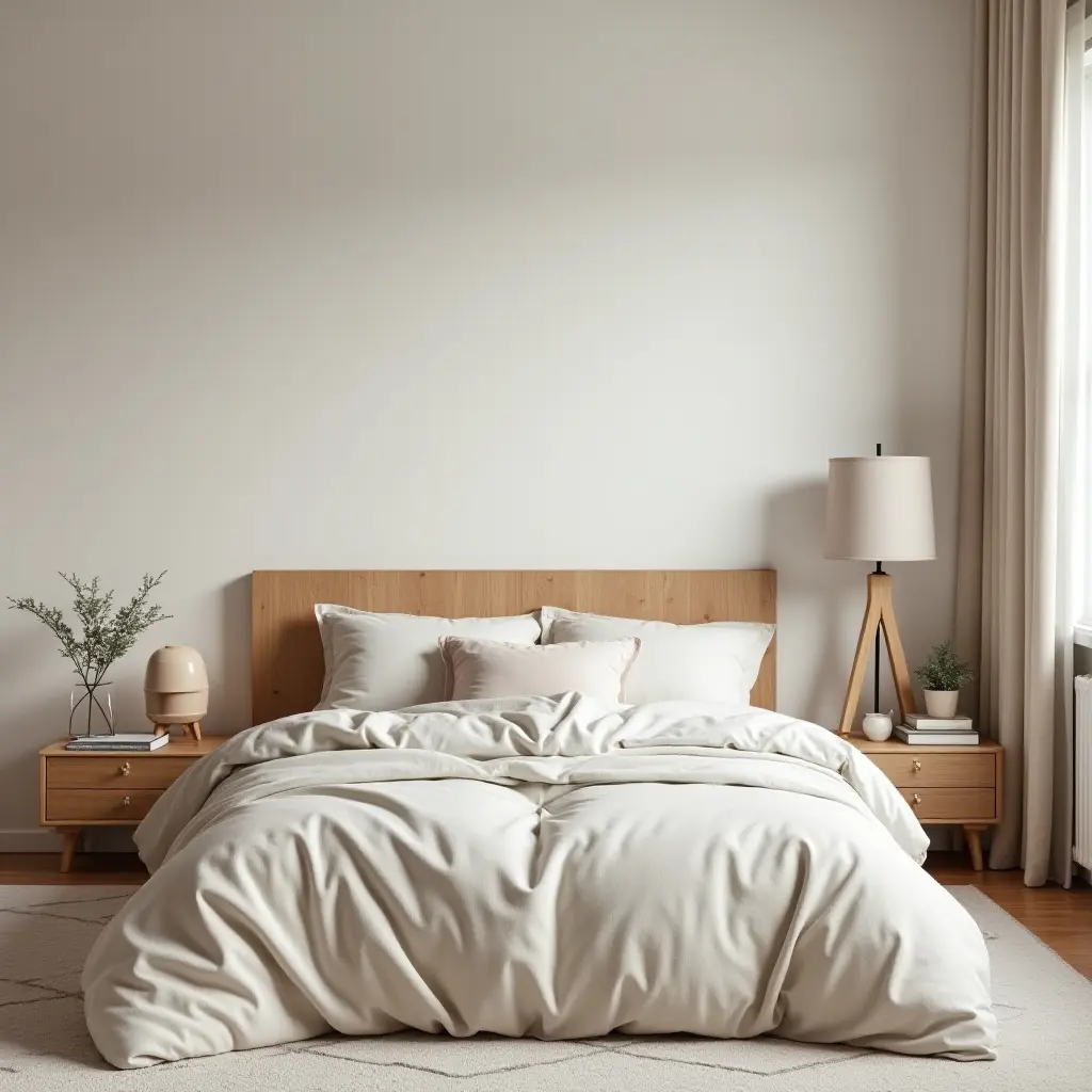 a photo of a modern kids' room with a wooden headboard and bedding