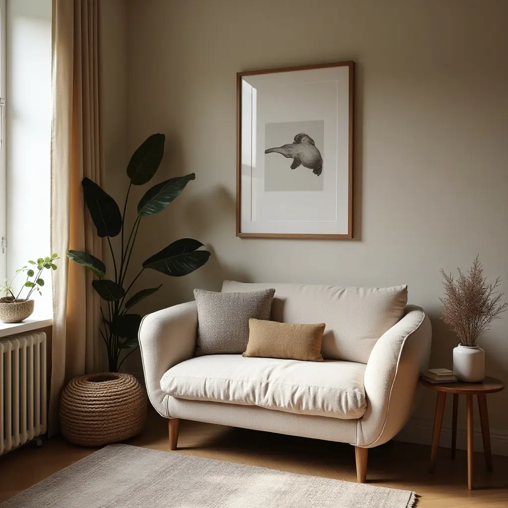 a photo of a cozy reading nook with a plush loveseat and a side table
