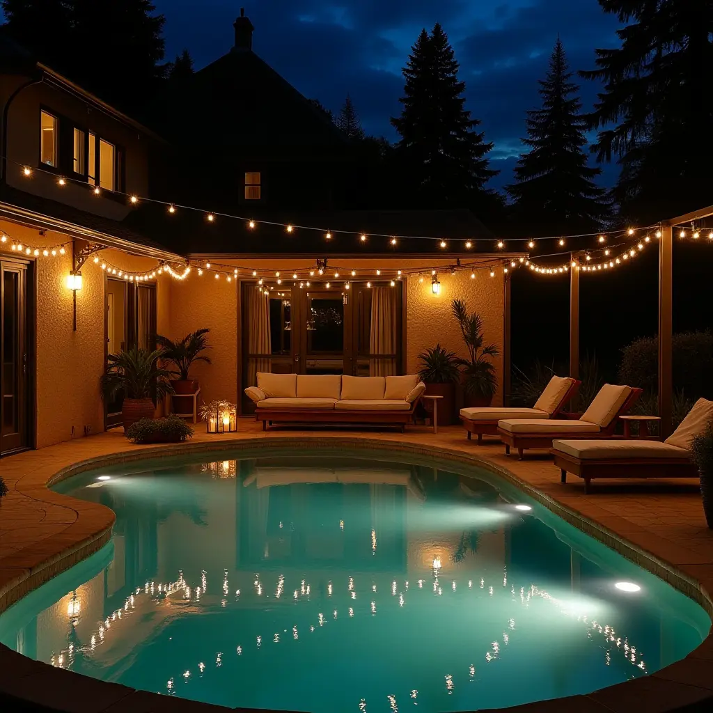 a photo of a stylish lounge area with fairy lights around the pool