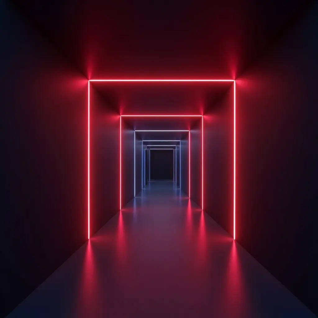 a photo of a modern corridor with neon light accents