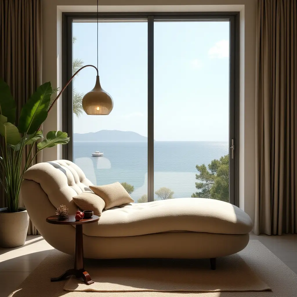 a photo of a plush chaise lounge with a view of the water