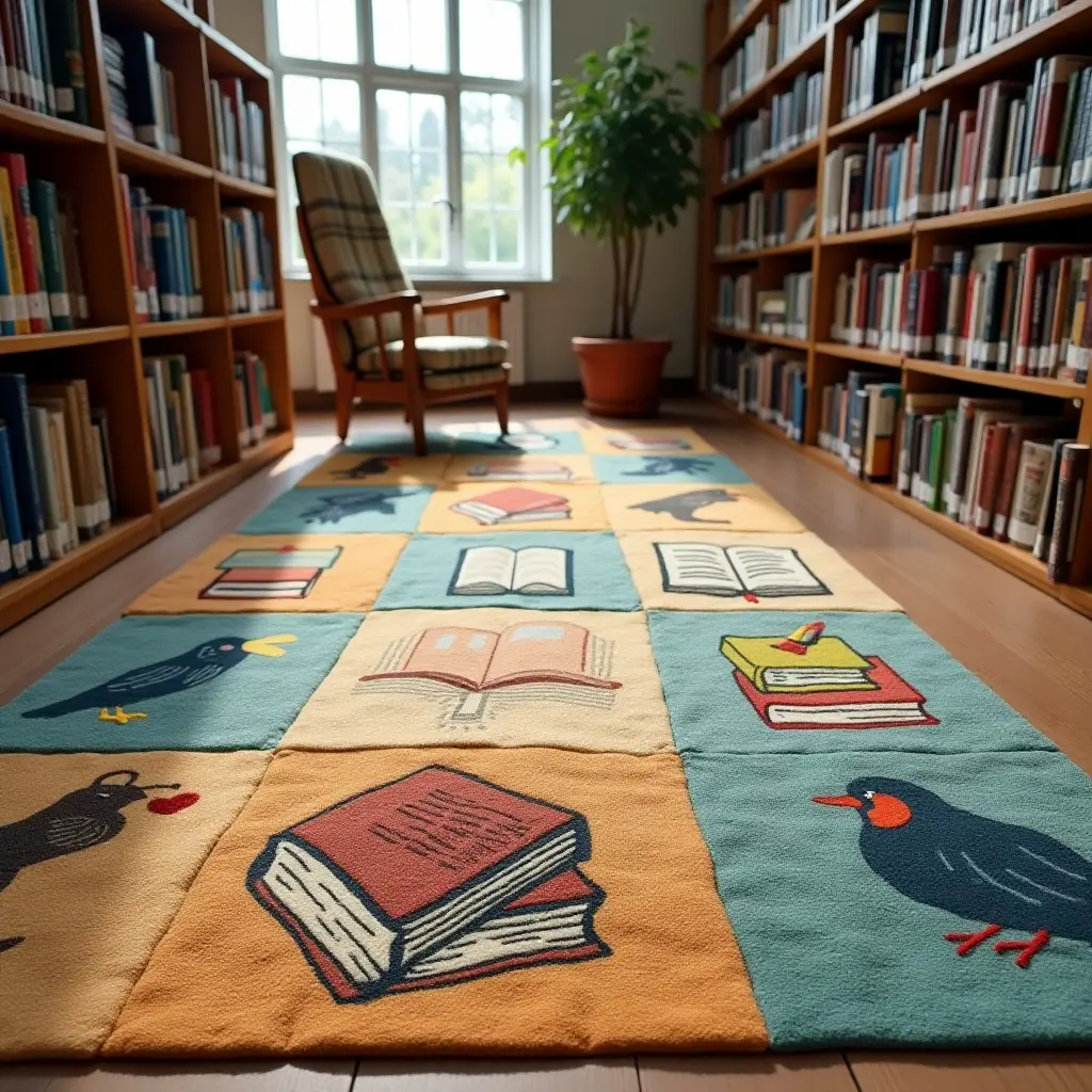 a photo of a whimsical rug featuring books and reading themes in a library