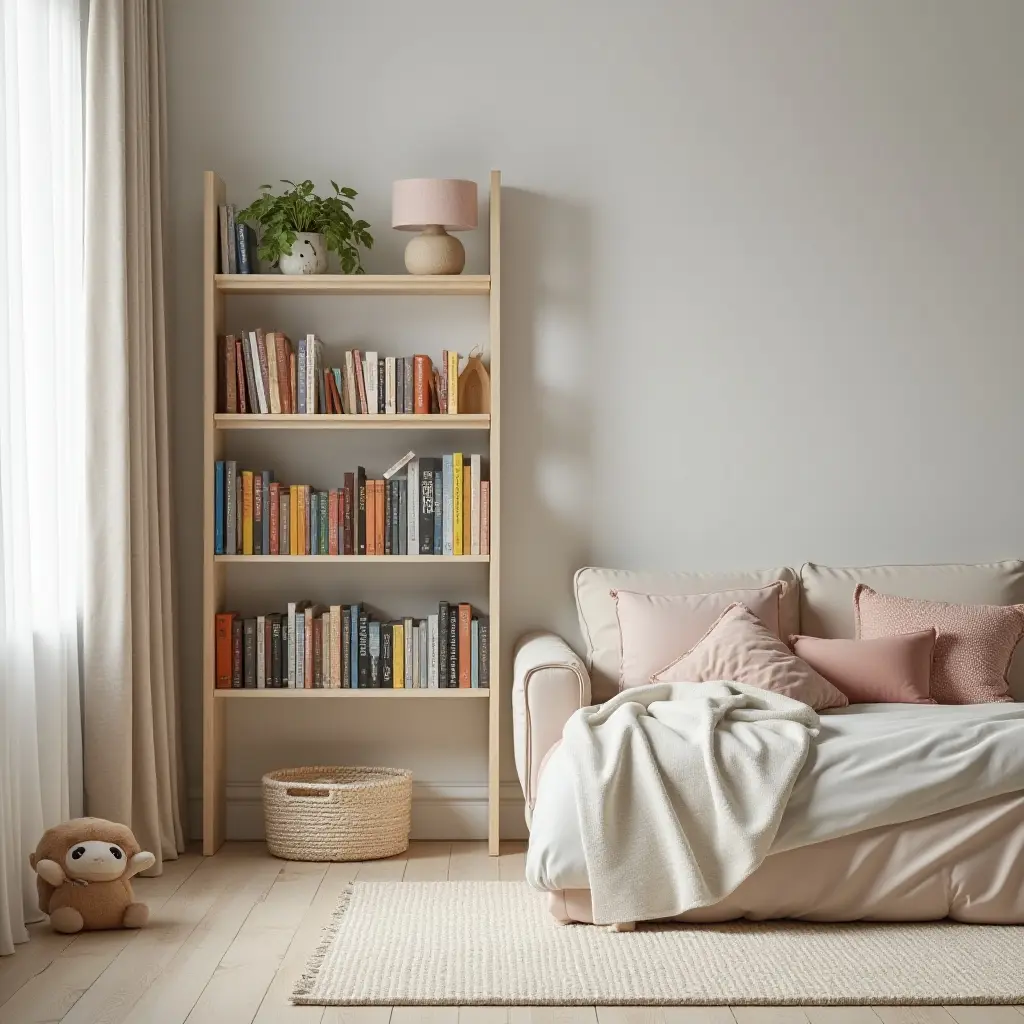 a photo of a serene modern kids' room with vintage bookshelf and colorful books