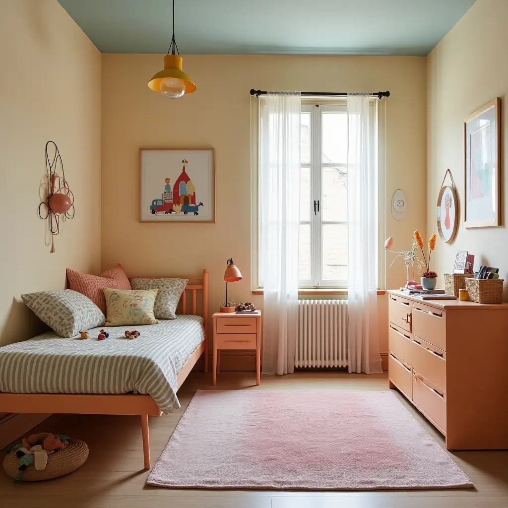 a photo of a vibrant children's bedroom with vintage furniture and modern accessories