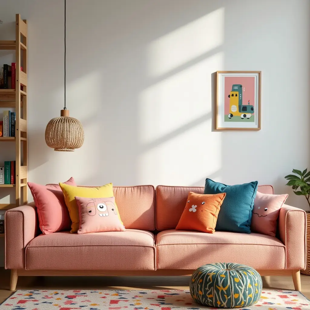 a photo of a colorful kids' living room with playful throw pillows on a fun sofa