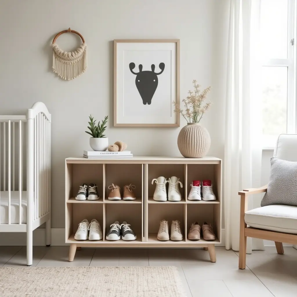 a photo of a nursery with a unique shoe storage solution