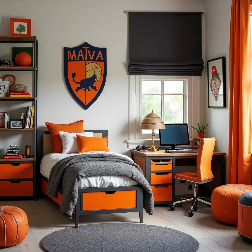 a photo of a sporty-themed teenage room with memorabilia and bright colors