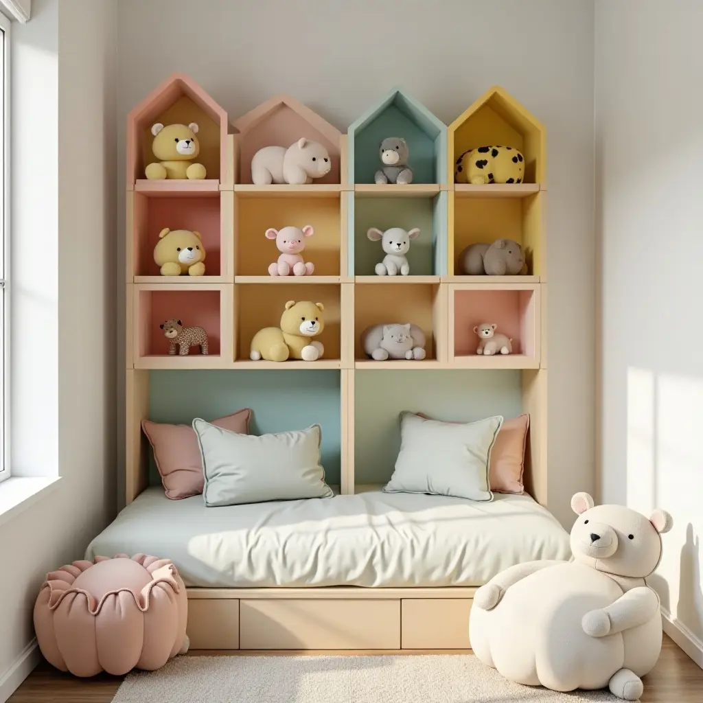 a photo of colorful shelving units shaped like animals in a kids' bedroom