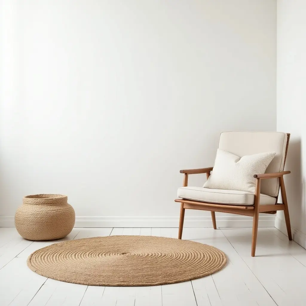 a photo of a simple, elegant jute rug for a minimalist nursery
