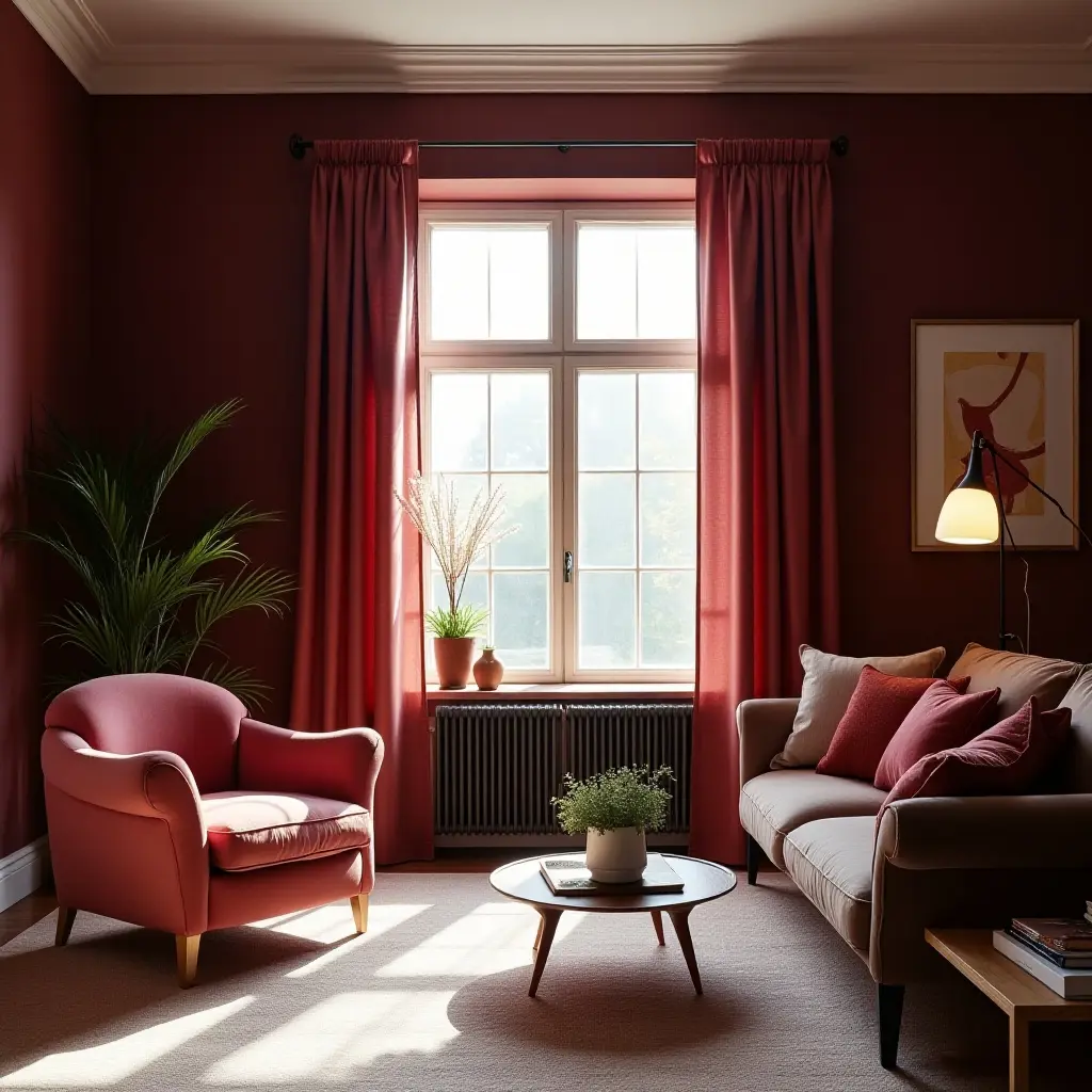 a photo of a maroon living room illuminated by natural light and stylish window treatments