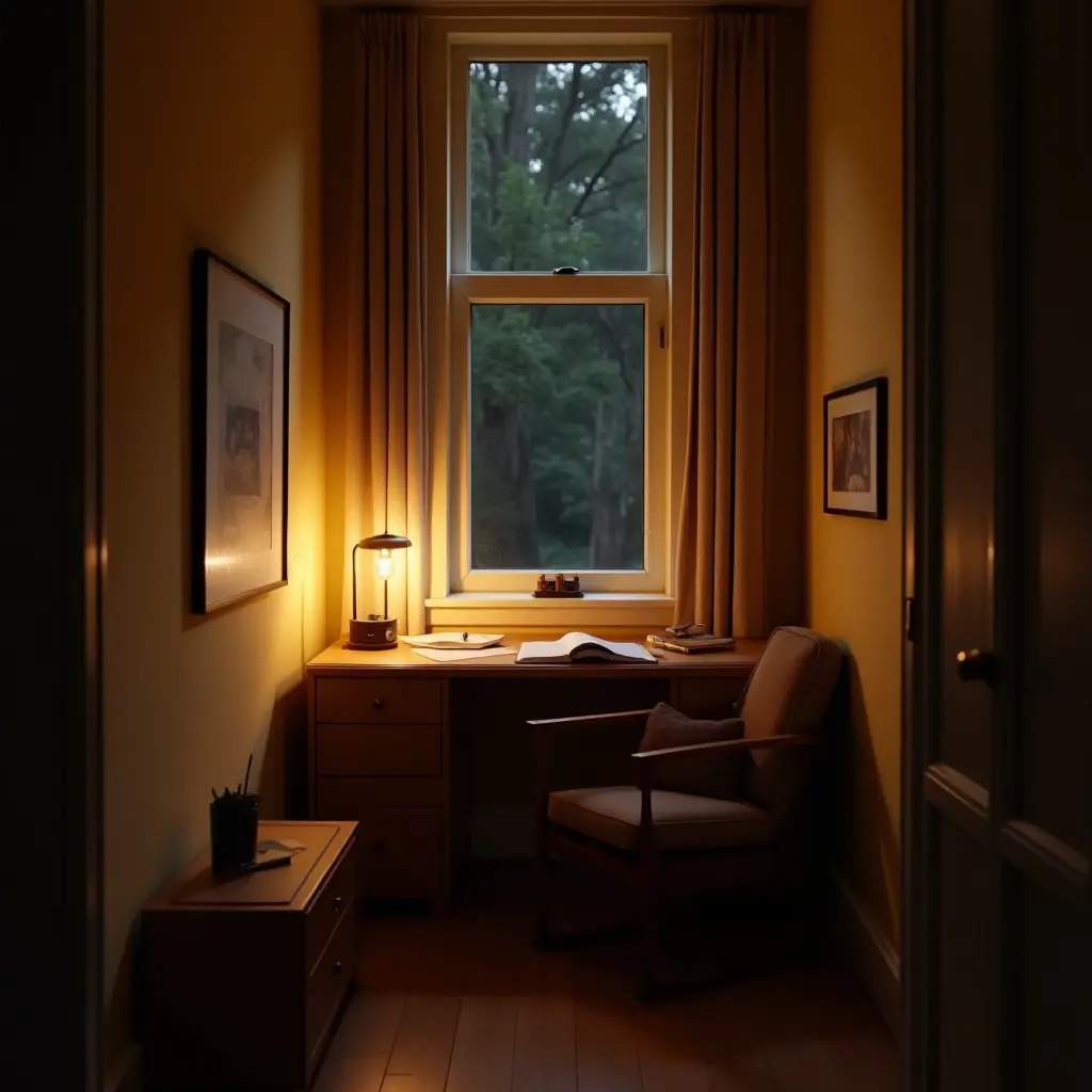 a photo of a cozy study nook with a warm, inviting glow