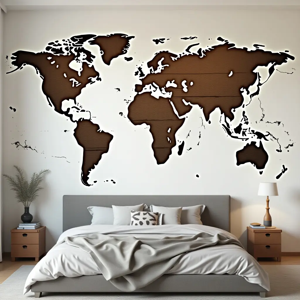 a photo of a wall featuring a giant world map for an adventurous teen's bedroom