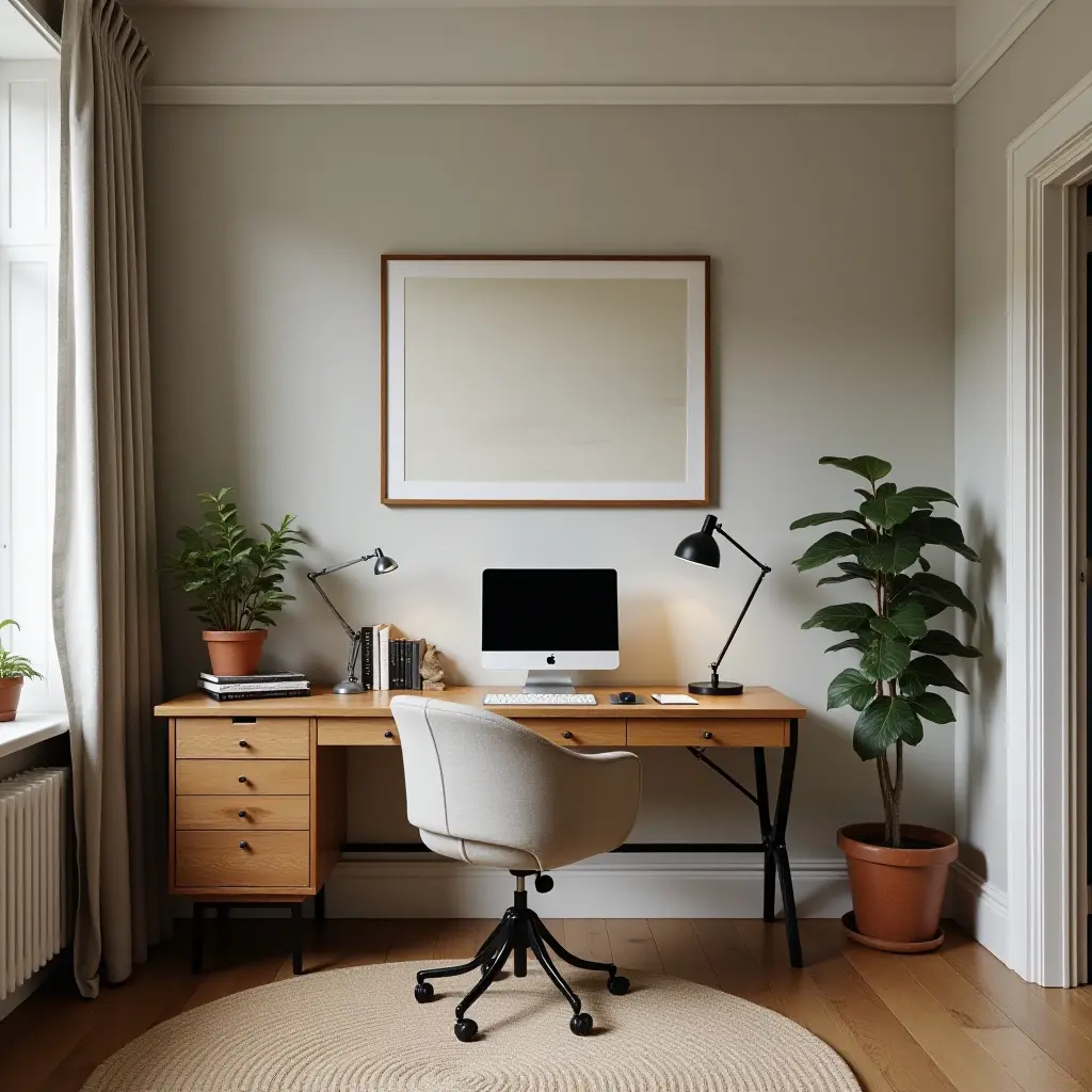a photo of a study space with a mix of vintage and modern decor