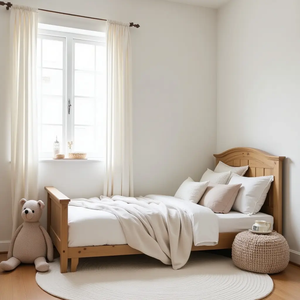 a photo of a serene children's room with a farmhouse bed and soft textures