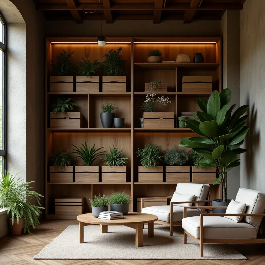 a photo of a rustic library featuring wooden planters
