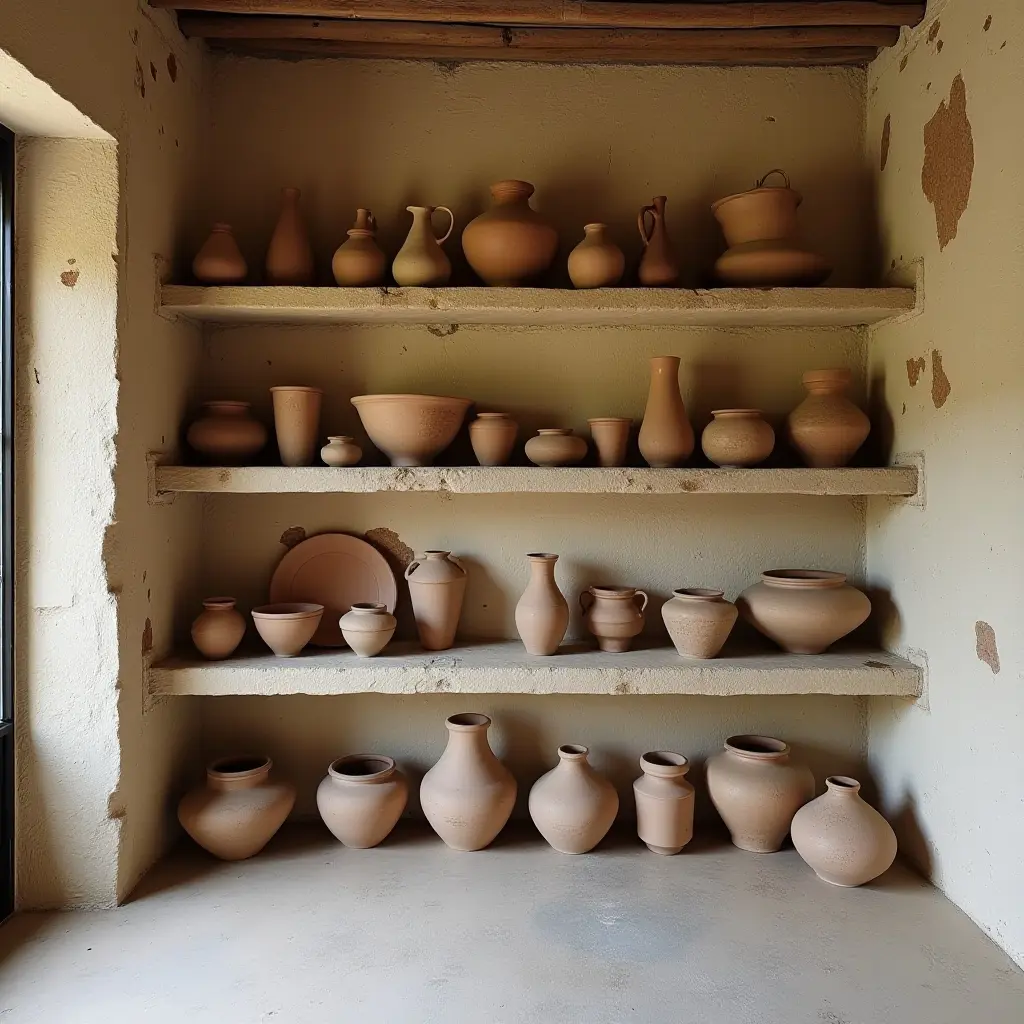 a photo of a basement wall showcasing a collection of handmade pottery