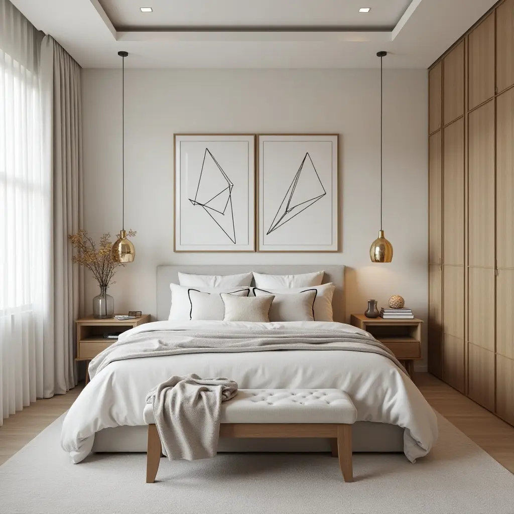 a photo of a trendy bedroom with metallic geometric decor