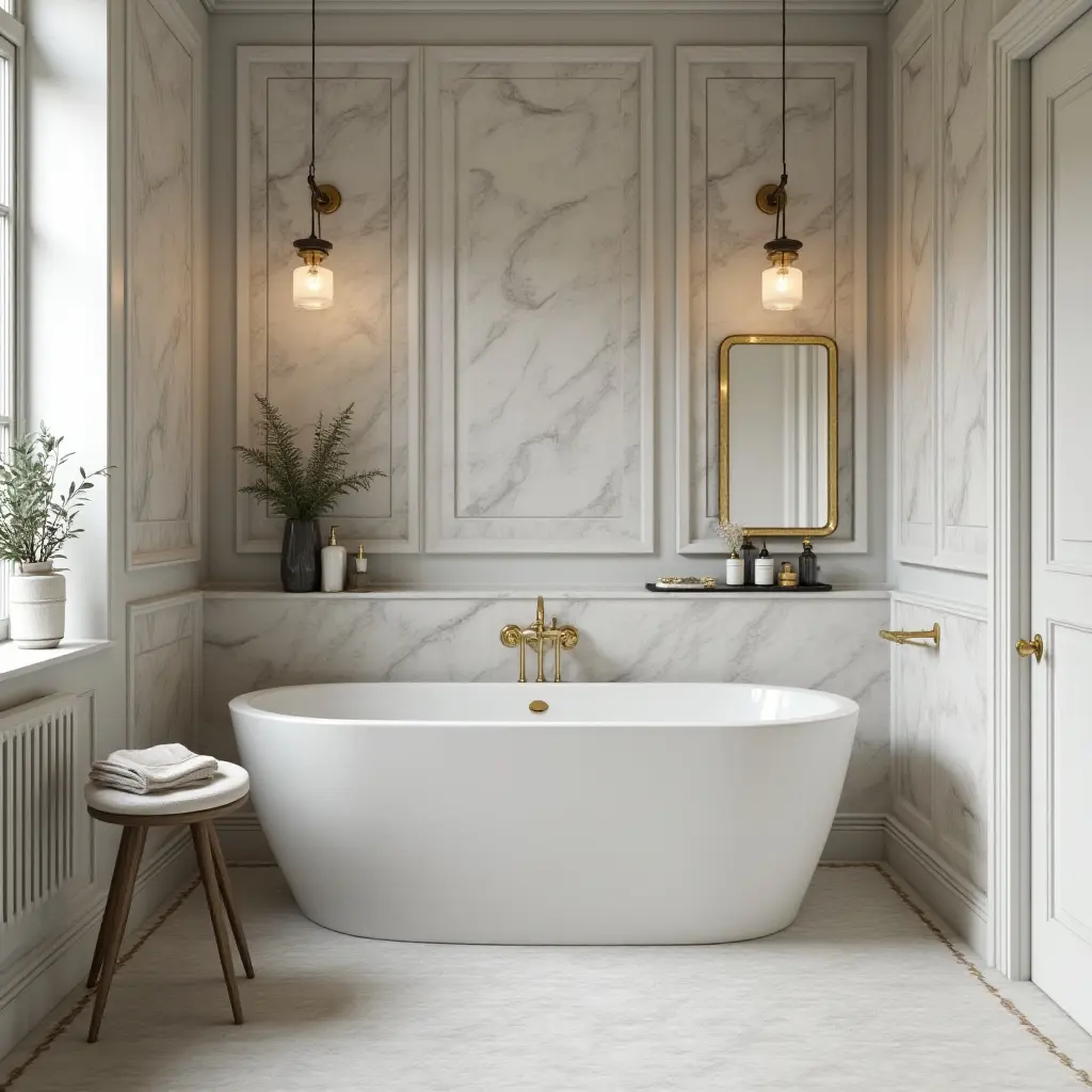 a photo of a chic bathroom with metallic details in the tile design
