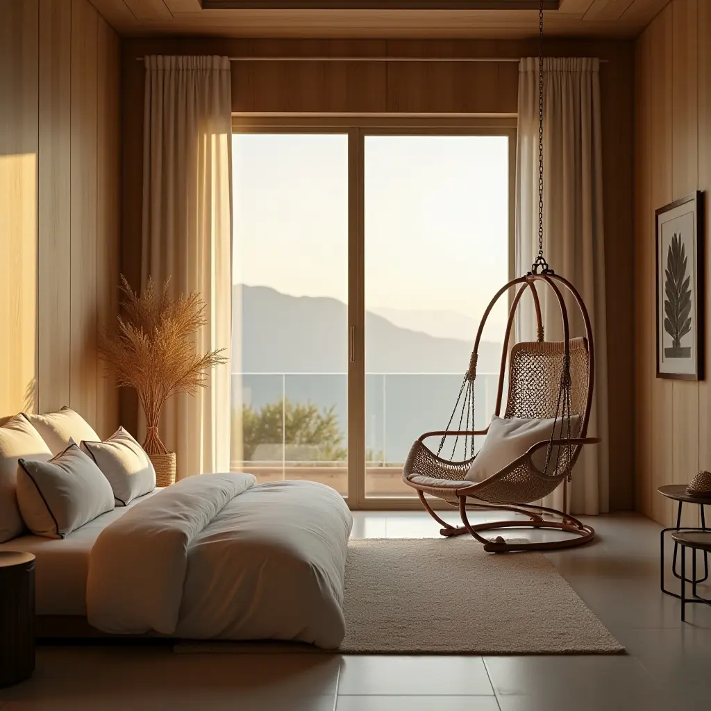 a photo of a tranquil bedroom featuring a hammock chair and soft lighting