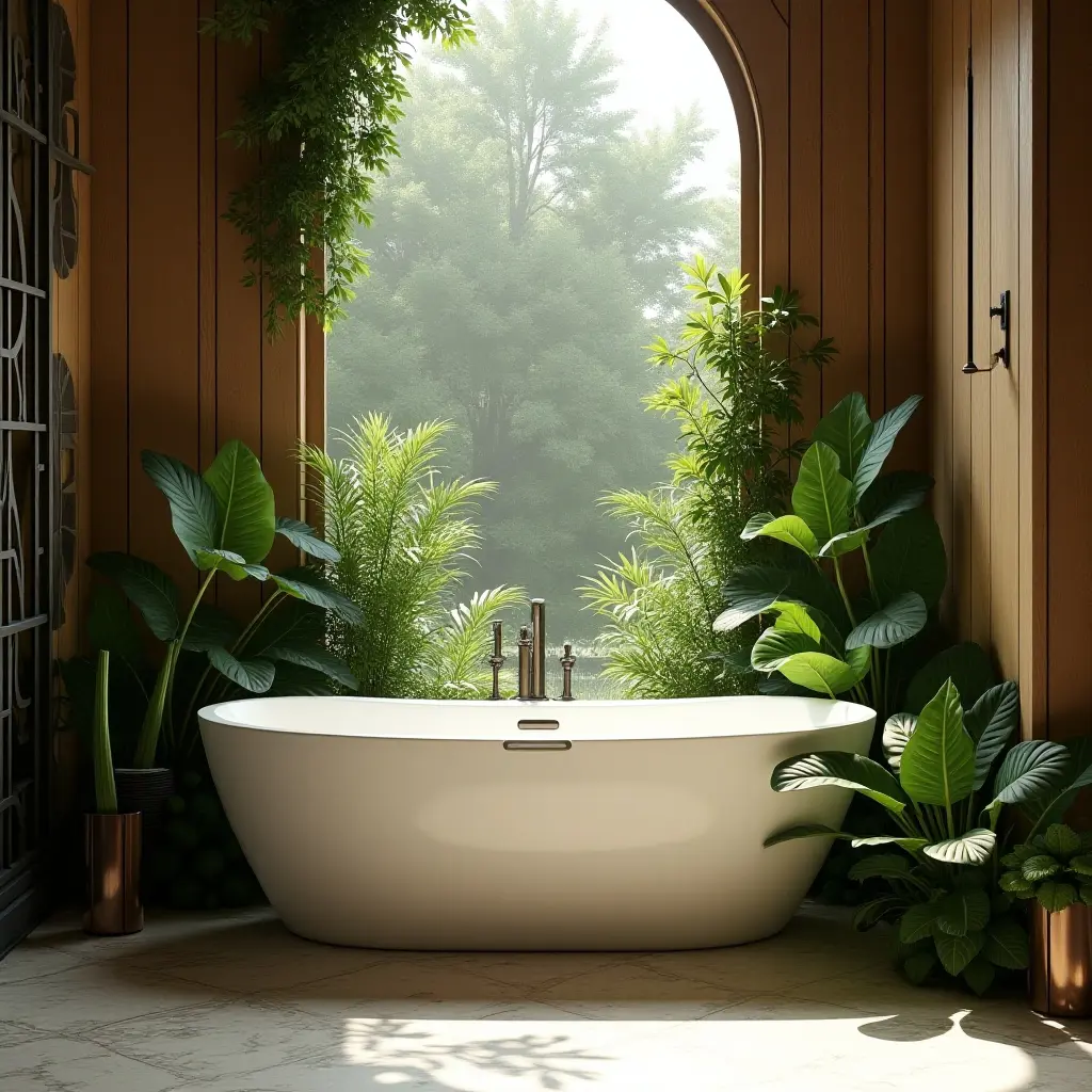 a photo of a luxurious bathroom featuring a bathtub surrounded by greenery