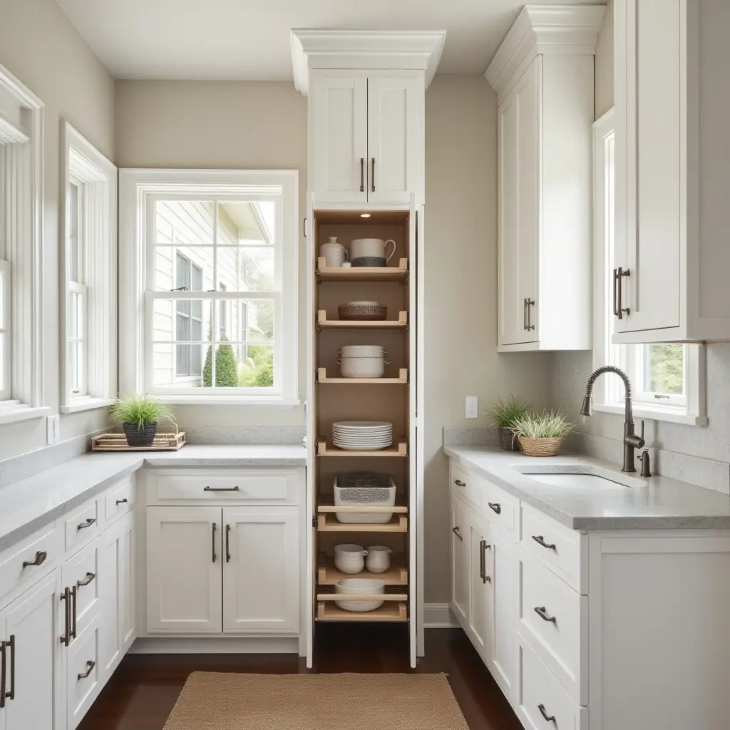 a photo of a butler's pantry with custom cabinetry and a pull-out pantry