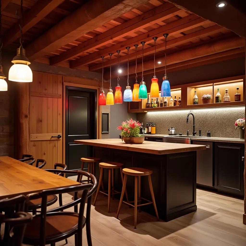 a photo of a basement transformed with colorful pendant lights