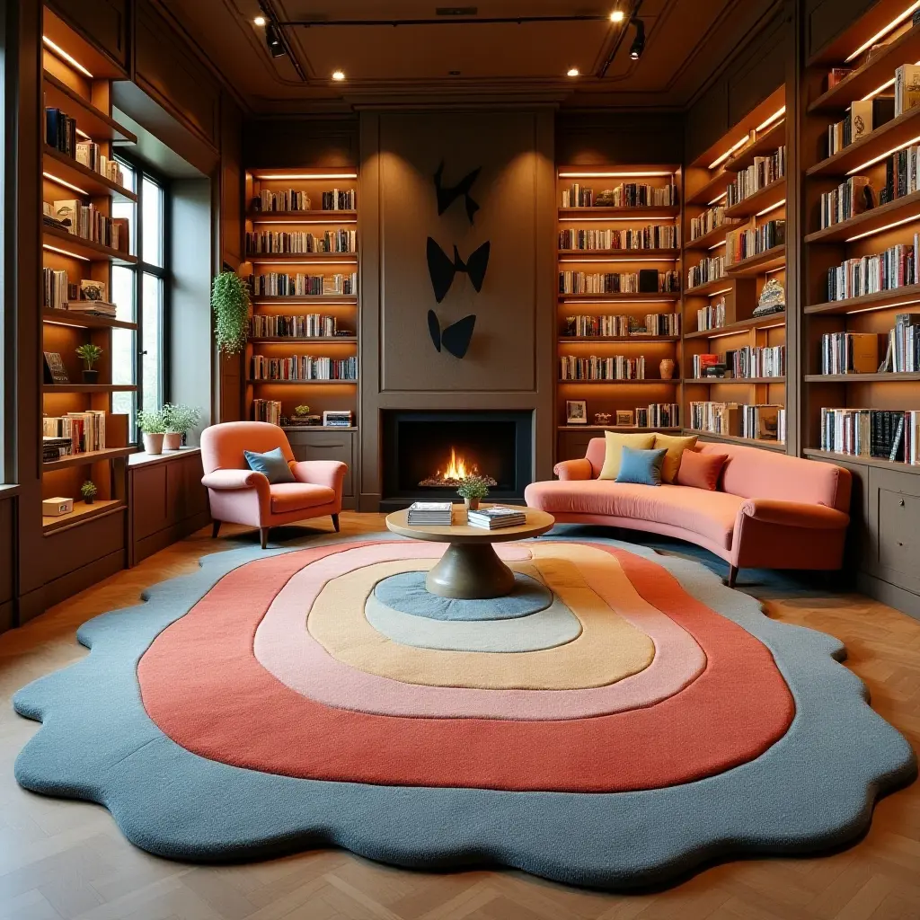 a photo of a unique shaped rug in a creatively designed library