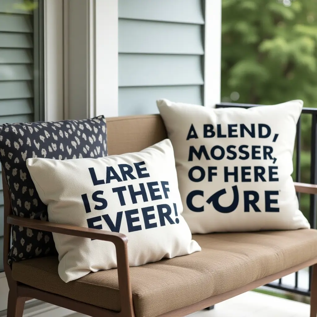 a photo of a balcony with throw pillows featuring inspirational quotes