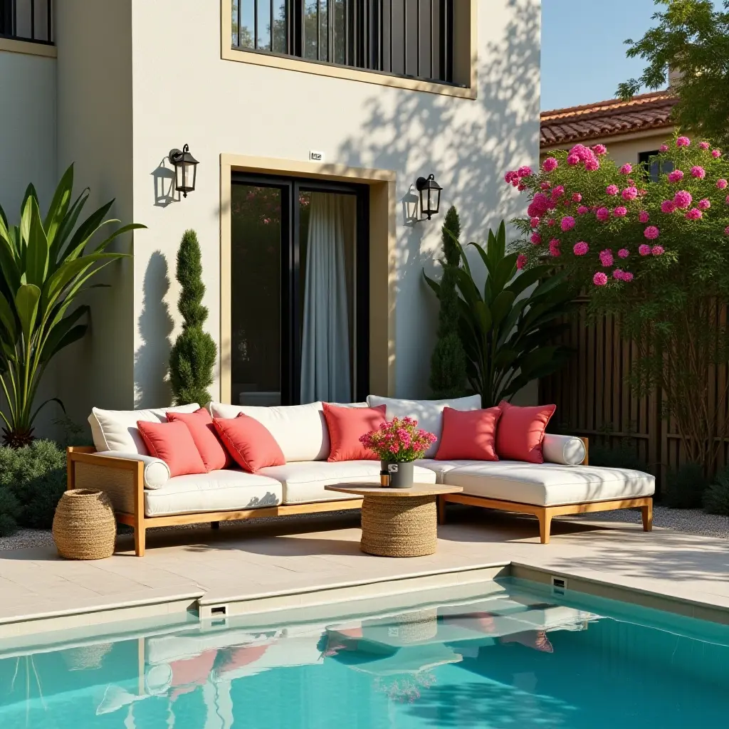 a photo of a cozy lounge area by a pool with vibrant cushions