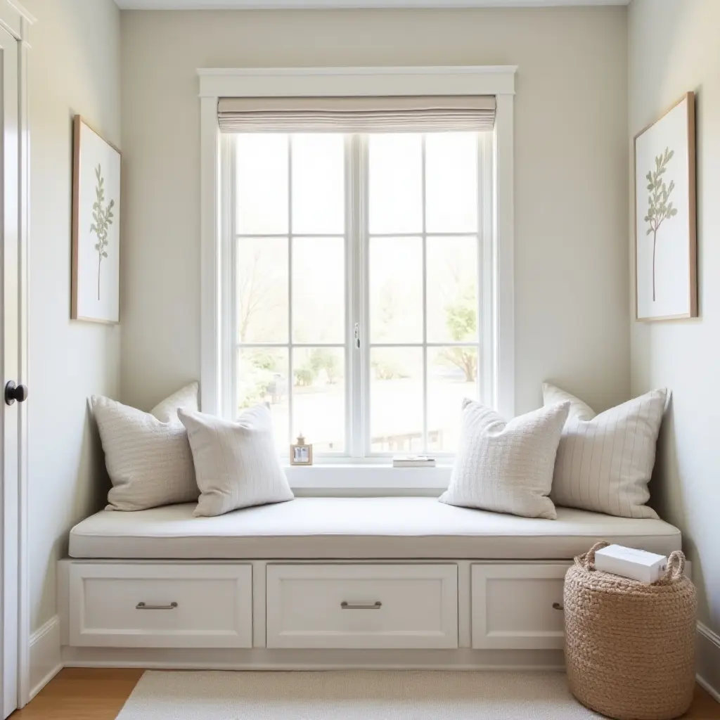 a photo of a cozy nursery featuring a farmhouse-style window seat and cushions