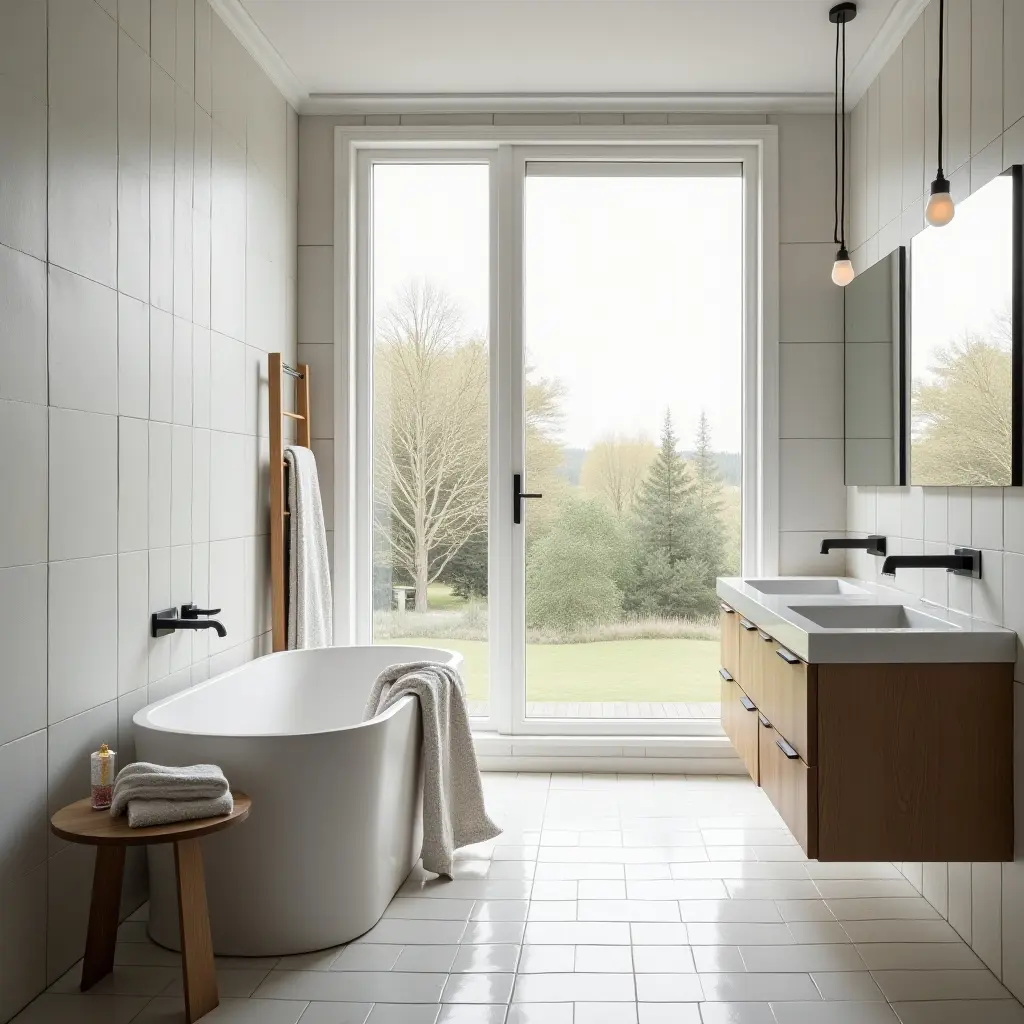 a photo of a bright and airy Scandinavian bathroom design with large windows